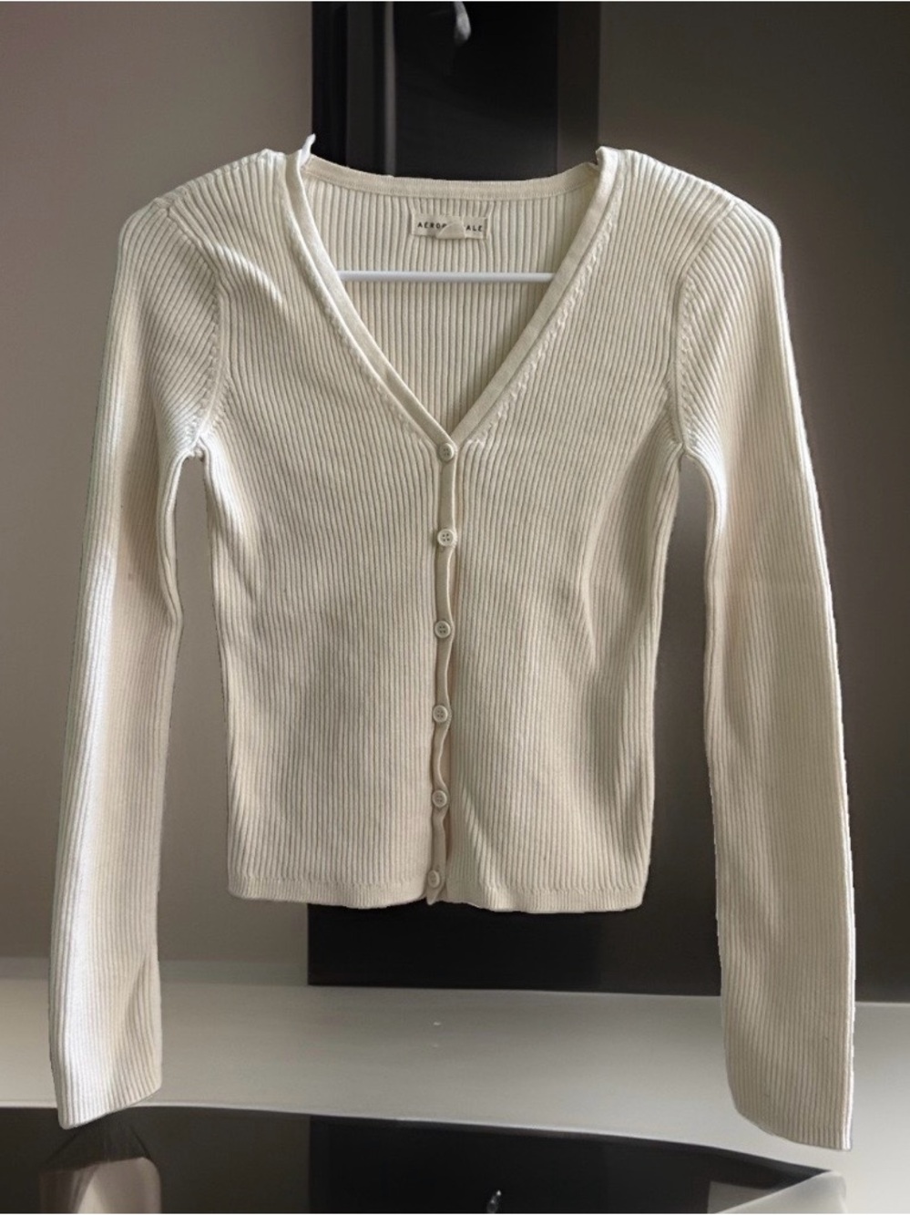 Aeropostale Womens Small Cream Ribbed Cardigan 100% Cotton Y2K Fitted Top